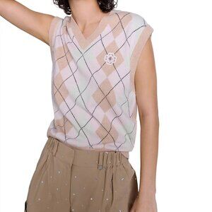 Maje Pastel Argyle V-Neck Sweater Vest in Beige, Pink & Mint